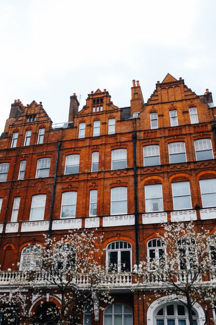 The image depicts a classic Victorian-style red brick building with multiple stories, ornate architectural details, and white-framed windows. In the foreground, a tree with white blossoms partially ob