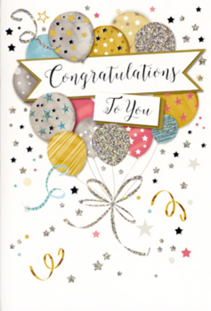 In this image, a beautifully designed congratulations card is presented as though just lifted from an elegant stationery shop tucked between the boutiques of Belgravia. The focus is a cluster of illustrated balloons, carefully layered and balanced to create a feeling of depth and gentle movement, as if they are floating upward just beyond the top edge of the card. The balloons glow in a palette of muted metallics and pastels-antique gold, brushed silver, champagne, sky blue, soft blush pink, and cool grey-each one outlined with fine lines that give it a soft, three-dimensional presence. Their surfaces are decorated with tiny shimmering stars, slender glittering stripes, and delicate speckles, evoking the refined sparkle of candlelight glinting off glass at an intimate celebration on Eaton Square. Cascading from the balloons are fine, curling strings in pale gold and silver that loop smoothly downwards, mimicking the flow of ribbon a florist might use to finish a luxury bouquet from Florists Belgravia. Across the middle of the card stretches an elegant banner, its edges gently curved, carrying the phrase Congratulations To You in stylish, looping script that feels both contemporary and classic. The background is a soft, creamy tone enlivened by scattered stars and graceful ribbon swirls that drift across the surface like confetti caught in slow motion after a speech of thanks. The mood is quietly joyful and sophisticated, suited to marking promotions, graduations, or personal milestones with subtle grandeur. You can almost feel the smooth thickness of the cardstock, the glint of printed foil, and the slightly raised texture of glitter, making this card feel like a cherished accompaniment to celebratory flowers arriving at homes and offices throughout Belgravia.