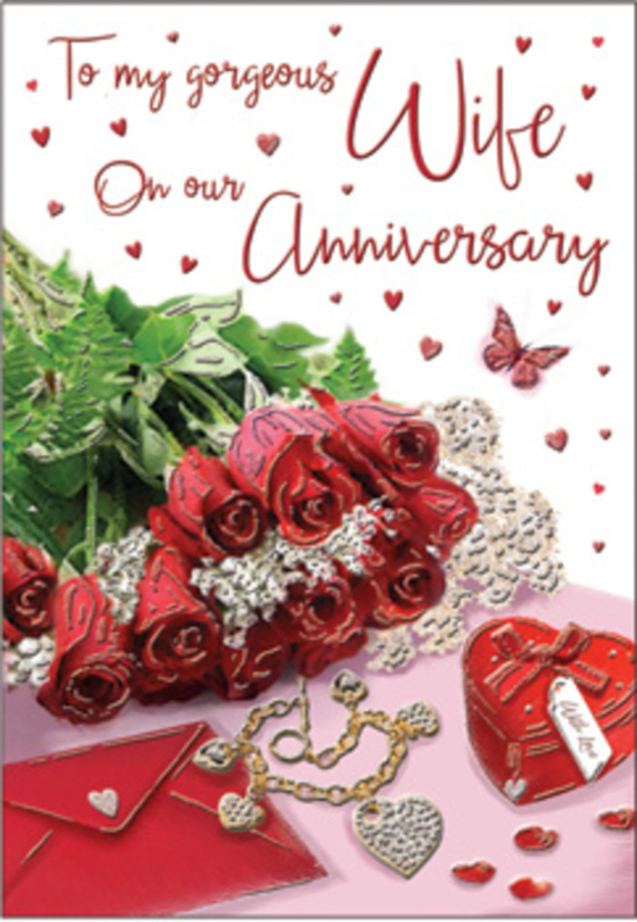 In this richly detailed anniversary card illustration, a bouquet of classic red roses sits centre stage, evoking the quiet elegance of Belgravia's garden squares. Each rose is luxuriously full and open, with gently overlapping petals in deep, velvety crimson that convey both passion and reassurance. The blooms are wrapped with an understated sense of refinement, embraced by slender stems of fresh greenery that peek out around the edges, echoing the well-kept foliage around Wilton Crescent. Surrounding the central roses are touches that suggest years of shared memories: a vivid red gift box, heart-shaped and softly gleaming, reminiscent of something chosen with care from a boutique on Elizabeth Street, and an elegant jewellery set that adds glints of gold and silver. Wisps of lace-like detail and delicate heart motifs weave through the backdrop, creating a sense of texture without overwhelming the flowers. A folded envelope rests off to one side, its crisp white surface inviting the thought of a personal, handwritten message inside. The overall surface gleams subtly, reflecting the reds and metallic highlights with a gentle sheen, like candlelight on a polished Belgravia dining table. Tiny hearts are scattered lightly across the composition, adding movement and a feeling of joyful celebration, while a single butterfly motif flutters near the roses, suggesting the ongoing journey of two lives entwined. The lighting is warm and soft, bathing the entire scene in a romantic glow that makes the roses appear almost alive, as though they have just been arranged by a skilled local florist preparing an unforgettable anniversary surprise.