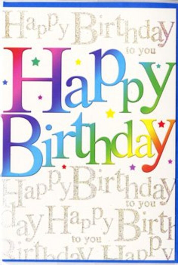 A brightly coloured birthday card stands proudly, its design marrying playful energy with the understated elegance you might expect in Belgravia. In the foreground, the words Happy Birthday run across the card in large, rounded letters that immediately catch the eye. Each letter is filled with a smooth, shifting blend of colour, flowing through rich reds, lively oranges, sunshine yellows, soft greens, ocean blues, and royal purples, conjuring the look of a rainbow seen after rain over the rooftops near Sloane Square. The gradient gives the text a soft, almost brushed texture, as if painted with careful, sweeping strokes. Behind the headline phrase, the background is covered with fine lines of golden script, repeatedly spelling out Happy Birthday to you in neat, looping handwriting. The gold carries a subtle glitter that sparkles when it catches the light, reminiscent of the way evening sun bounces off polished stone façades around Belgravia's tree-lined streets. Here and there, tiny specks of colour dot the space around the letters, evoking confetti tossed joyfully into the air or small petals drifting from a hand-tied bouquet. The surface of the card looks smooth, perhaps with a semi-gloss finish that amplifies both the brilliance of the rainbow text and the refined shimmer of the gold script. The overall feeling is generous, joyful, and refined, the sort of card you'd choose to send with a beautifully arranged bouquet from a local Belgravia florist when you want to turn a birthday greeting into a moment that feels truly special.