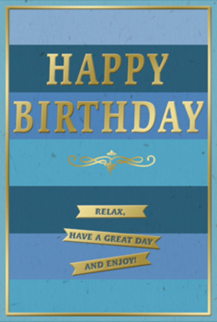 A beautifully composed birthday card in serene shades of blue stands as the focal point, its design echoing the calm, polished atmosphere of Florists Belgravia's tree-lined squares. The card's face is arranged in wide, horizontal stripes, transitioning from a deep, ink-blue base through layers of teal, denim, and gently faded sky blue. Each band is clearly defined yet harmoniously blended, much like the graduated hues of dusk over nearby Eaton Square Gardens. In the very center, the phrase HAPPY BIRTHDAY appears in generous, embossed gold capitals. The letters are clean and modern, yet the metallic finish, soft and warm rather than glaring, lends an almost heirloom quality, reminiscent of gilded picture frames in Belgravia townhouses. Immediately beneath this main greeting, a single golden flourish unfurls with graceful symmetry, adding a touch of classical ornament that balances the card's contemporary structure. Below, three narrow golden banners align vertically, each a neat ribbon with tapered ends. Together, they spell out a gentle trio of wishes: Relax, have a great day and enjoy! The banners are slightly raised, so the gold foil catches light at different angles, inviting the eye-and one can almost imagine the touch-across the smooth, reflective surface. A slender gold border frames the card, drawing the composition together with the kind of tasteful precision one associates with a Belgravia florist's arrangements. Seen next to a hand-tied bouquet or a small birthday gift, this card communicates not only celebration, but a wish for quiet indulgence, rest, and the kind of unhurried joy that turns a birthday into a truly cherished occasion.