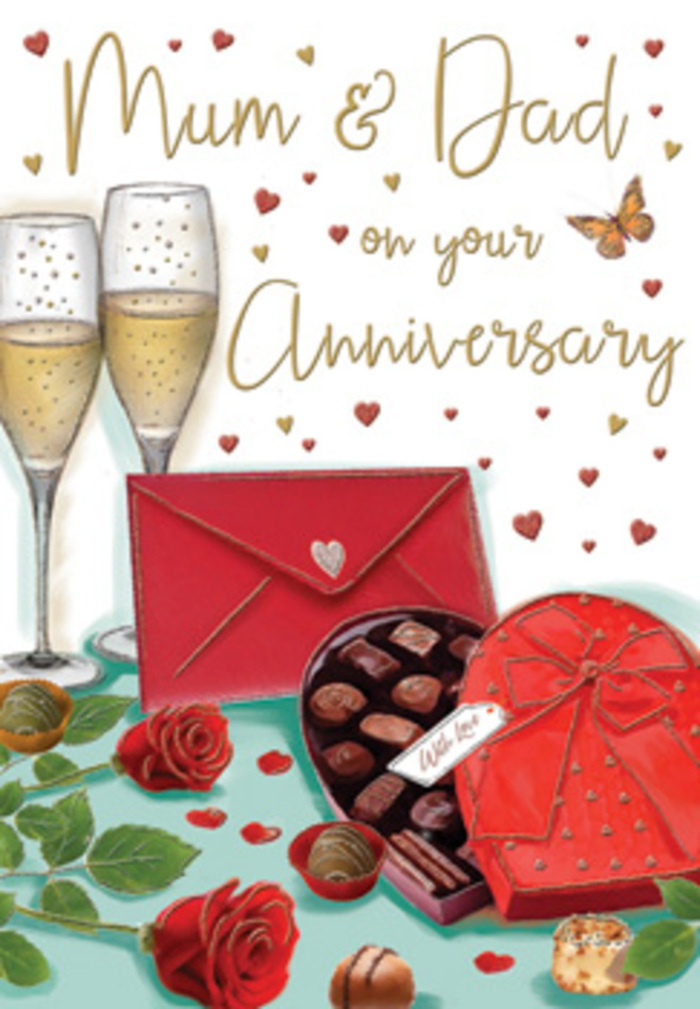 This anniversary card illustration is designed like a romantic still life, reminiscent of a quiet celebration in a Belgravia home overlooking the calm squares and tree-lined streets. At the centre, two tall champagne flutes rise from the table, their slender stems and gently flared rims drawn with elegant clarity. Inside each glass, champagne glows a soft gold, streams of tiny bubbles caught mid-ascent, evoking the joy of a toast shared by partners who know each other deeply. In the foreground sits a heart-shaped box of chocolates, rendered in a deep scarlet that mirrors the traditional hues of love and devotion. The box is topped with a luxuriant satin bow, its loops and tails cascading with a soft sheen, like the finishing touch a florist might add to an arrangement ordered for same-day delivery around Sloane Square. With the lid tipped open, the chocolates inside appear as small, indulgent treasures, neatly ordered and slightly gleaming. To one side, two velvety red roses rest among rich green foliage, the petals dense and plush, each bloom captured at its perfect, open stage. Their intense crimson tone provides a focal point of passion and tenderness, echoing countless anniversary bouquets exchanged in Belgravia's elegant streets. A bright red envelope lies nearby, sealed and angled towards the viewer, implying a personal, handwritten message for Mum & Dad waiting to be read. Surrounding the scene, golden and crimson hearts float lightly against a soft background, adding a playful rhythm to the composition. Altogether, the card radiates warmth, affection, and the reassuring sense that love-like a fine champagne-grows more precious with time.