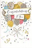 This congratulations card is illustrated with the poised elegance you might expect from a celebration in Belgravia, combining joyful imagery with a refined sense of style. Dominating the scene is a bouquet of balloons, drawn as if carefully arranged in the air. The balloons are round and softly radiant, dressed in harmonising shades of gold, silver, champagne, pale blue, rose blush, and gentle grey. Each one is distinct, adorned with delicate starbursts, slim glittering stripes, or tiny dotted patterns that suggest a subtle metallic sheen when the card catches the light. From the base of this floating cluster, thin strings in gold and silver trail downwards in elegant curls, reminiscent of the ribbons tied around a hand-crafted bouquet delivered to one of Belgravia's white-fronted townhouses. A central banner sweeps across the middle of the card, holding the message Congratulations To You in flowing, decorative script, its dark lines standing out clearly against the soft background while still feeling graceful and warm. Around the central design, the pale backdrop is sprinkled with miniature stars and swirling ribbons, lightly scattered like confetti following a toast in a nearby garden square. The atmosphere is one of happy achievement and quiet pride, perfect for honouring a promotion, new chapter, or exam success. You can almost imagine the weight of the card in your hand, the smooth surface of fine cardstock, and the faintly raised texture of glitter and glossy ink under your fingertips. It is a visually rich, celebratory design that would sit beautifully alongside a fresh floral arrangement delivered across Belgravia and its surrounding streets.