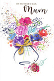 This Mother's Day card features an exuberant, watercolour-style bouquet that seems to capture the grace and charm of Belgravia's quiet streets in bloom. Rising from a gently suggested vase, the flowers are painted in vibrant shades of cerise, magenta, and raspberry pink, with elegant indigo lines sketching each petal and giving the arrangement a sense of layered fullness. Soft washes of lavender, periwinkle blue, and delicate peach drift among the richer tones, providing moments of calm that recall the serene gardens tucked behind the area's white stucco terraces. Across the petals and leaves, fine accents of gold glint subtly, as though catching brief flashes of afternoon light on a spring day. The surrounding space is a clean, bright white, allowing the bouquet's colours to feel weightless and free, while lively paint splatters and tender heart motifs dance around the edges, echoing laughter, shared stories, and the simple joy of being together. The vase at the base of the composition is understated and curved, bound with a small golden bow that evokes the careful care of a florist tying off the final ribbon before a cherished Mother's Day delivery somewhere in Belgravia. Though the artwork feels spontaneous, with colours bleeding gently into one another, there is an underlying sense of balance and intention, like a thoughtfully curated selection of stems chosen specifically for one special mum. In this way, the card becomes more than a picture; it feels like a painted bouquet of gratitude, admiration, and enduring love.