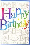 The birthday card in the image exudes celebratory charm, with a design that would sit beautifully alongside an elegant bouquet delivered in Florists Belgravia's neighbourhood. At the heart of the card, the words Happy Birthday are emblazoned in bold, rounded letters that stretch almost from edge to edge. Each letter showcases a different segment of a continuous rainbow gradient, gliding from rich berry reds and glowing oranges through cheerful yellows, fresh greens, vivid blues, and lush purples, much like the varied tones in a carefully curated floral display near Elizabeth Street. This colourful headline rests on a pale background that is almost entirely filled with repeating lines of Happy Birthday to you written in fine, looping golden cursive. The script forms delicate bands of metallic shimmer, as if countless handwritten wishes have been layered on top of each other. The gold glints softly, catching the light with a refined sparkle reminiscent of warm evening glow in Belgravia's elegant shopfronts. Scattered lightly around the central words are tiny specks and flecks in complementary colours, suggesting confetti or the playful scatter of cake sprinkles at a birthday gathering. The overall finish of the card appears smooth and lightly glossy, helping the colours look vivid and the gold lettering refined rather than brash. Together, these details create a mood of joyful sophistication-fun, uplifting, and sincere-perfect for sending warm birthday wishes along with fresh flowers anywhere across Belgravia and its surrounding streets.