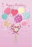 This softly enchanting birthday illustration feels like a stroll through Belgravia on a sunny afternoon, where everything seems a little gentler and more refined. The artwork is set against a blush-pink background that provides a warm, serene canvas. From the middle rises a playful bouquet of balloons, drifting upwards in an arc as though carried by a birthday wish. The balloons are coloured in soothing pastels-powdery pinks, sea greens, pale lemons, lilacs, and sky blues-and each is decorated with distinctive patterns. Some balloons swirl with ribbon-like stripes, others sparkle with neat polka dots, while several feature tiny stars, stylised flowers, and whimsical curls. Near the centre floats a heart-shaped balloon, its rounded form and richer hue suggesting affection and celebration. Below this floating cluster sits a hand-tied floral bouquet, its stems drawn together and embraced by a shimmering violet satin bow. The flowers themselves are a mix of delicate roses and soft, anemone-like blooms in creamy ivory, blush pink, and misty mauve. Their petals look velvety and finely detailed, opening just enough to hint at gentle fragrance, much like the subtle scent drifting from a florist doorway in Belgravia. Light seems to spill across the composition, catching the gloss of the balloons and the natural sheen of fresh petals. Tiny butterflies and star motifs are scattered throughout, adding a touch of fantasy, as if the bouquet and balloons exist in a moment of suspended celebration. The overall impression is one of elegant joy-perfect for a birthday greeting that feels both whimsical and sophisticated, echoing the quiet luxury of Belgravia's leafy streets.