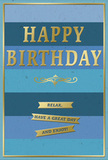 This birthday card offers a poised blend of tranquil blues and polished gold that would look perfectly at ease on a mantelpiece in Belgravia. The background is structured into generous horizontal stripes, beginning with a dark navy base and moving, band by band, through teal and denim into a lighter, airy sky blue near the top. The effect is of a calm horizon, layered and soothing, like the gentle gradation of evening sky beyond Belgravia's rooftops. Dominating the center is the greeting HAPPY BIRTHDAY, set in bold, embossed gold lettering. Each capital letter stands tall and well-spaced, and the metallic foil picks up small glimmers of light, giving the words a quiet, celebratory glow. Just below, a decorative golden flourish curls with elegant symmetry, adding a note of classic refinement you might associate with the intricate railings and cornices found around Belgrave Square. Beneath this flourish, three slim gold banners form a vertical column, each shaped like a neat ribbon. Together they read: Relax, have a great day and enjoy! The sentiment is clear and kind, complementing the restful blues. The banners, like the main text, appear slightly raised, providing a subtle tactile interest against the smooth, matte background. A fine golden border traces the edges of the card, framing the entire composition like a delicate piece of jewellery. Imagined alongside a bouquet delivered by a local Belgravia florist, this card conveys a message of affection that is measured, thoughtful, and gently luxurious-ideal for birthdays where the emphasis is on comfort, appreciation, and quietly savoured celebration.
