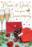The scene on this anniversary card feels like a lovingly arranged tribute to long-lasting partnership, the sort of intimate moment you might picture unfolding in a Belgravia apartment after a family celebration. Two elegant champagne flutes stand close together at the back, their thin stems almost touching. Light catches the champagne within, turning it a gentle amber-gold, with delicate bubbles rising upwards as if echoing the quiet excitement of a toast. In the foreground, a heart-shaped box of chocolates sits proudly, its rich red casing wrapped with an opulent satin bow that curls and drapes with luxurious softness. The lid is open, revealing a thoughtful selection of chocolates, each piece nestled in its own little space like a collection of sweet memories shared over the years. To the side, two deep red roses lie across lush green leaves. Their petals are velvety and abundant, arranged in tight, romantic spirals, reminiscent of the premium blooms crafted by Florists Belgravia for special anniversaries around Eaton Square and Chester Row. A vivid scarlet envelope rests beside them, its sealed flap hinting at a lovingly handwritten note inside, addressed to Mum & Dad with warmth and gratitude. Scattered lightly across the background, clusters of small hearts in gold and crimson float among graceful lettering, adding a playful, celebratory air, as if confetti were gently falling through candlelit air. The entire composition suggests the comforting blend of rose fragrance, chocolate sweetness, and the soft clink of glassware, capturing that tender moment when parents pause to reflect on a lifetime of shared love in the heart of Belgravia.